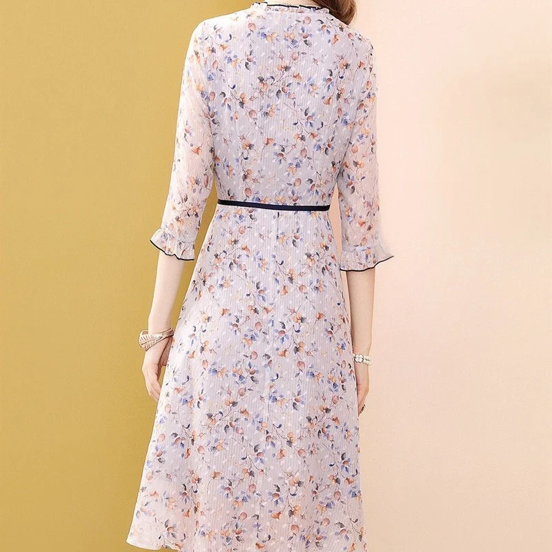 

Women Retro Floral Dress V Neck Slim Party Vestidos De Mujer 2021 Summer Elegant Midi 3/4 Sleeve Chiffon Dresses Femme Y904