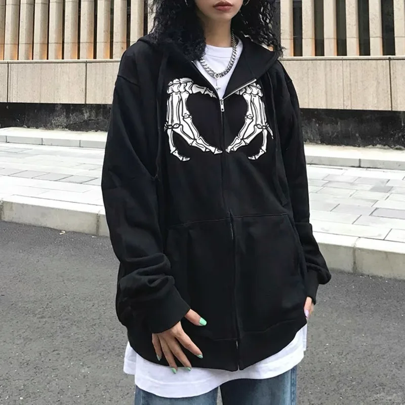 

SXGOTH Grunge Skeleton Hoodie Emo Clothes Alt Egirl Goth Black Long Sleeve Y2k Dark Print Zip Up Streetwear Harajuku Hip Hop