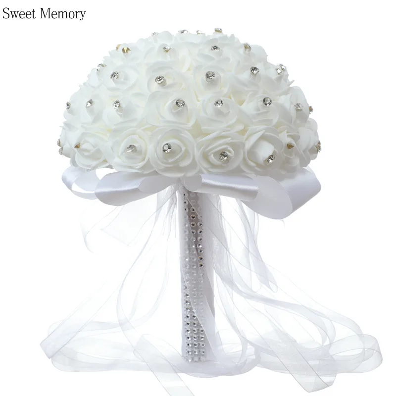 

Sweet Memory Bride Wedding Bouquet Handmade Rhinestone Beautiful Artificial White Flowers Foam Roses De Mariage Accessories