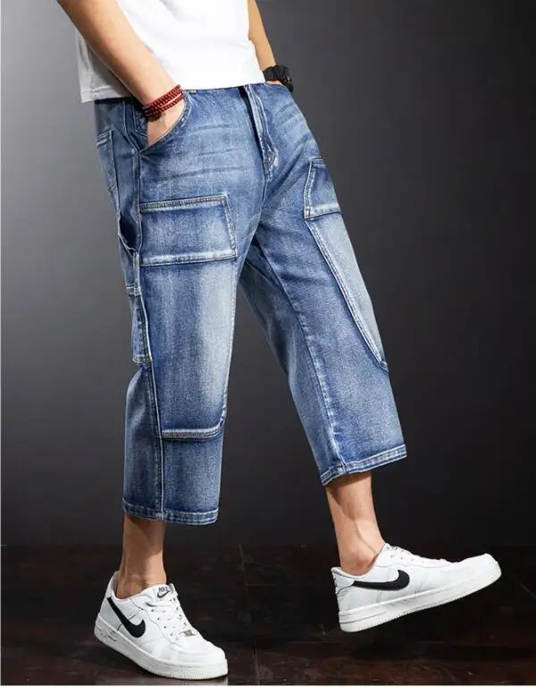 Brand Mens Jeans Denim Shorts Cotton Cargo Shorts Big Pocket Loose Baggy Wide Leg Bermuda Beach Boardshort Size 28-44