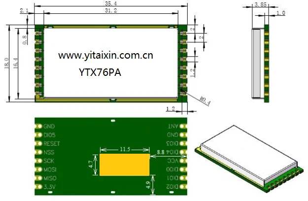 YTX76PA 868 915 МГц мощность Приморского модуля трансивера rf lora + 27 дБм saída 2 pedid(FSK ASK) o