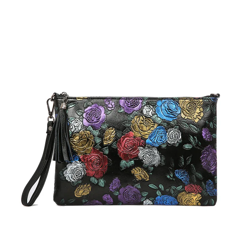 

Retro Fashion Rose Clutch Bag Men Women Cowhide Clutches Tassel Hand Bag Unisex Floral Pattern Women Men Shoulder Messenger Bag