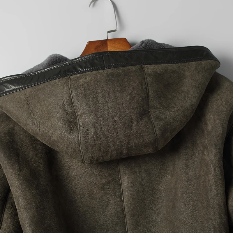 DK Мужское пальто из овечьей кожи с капюшоном утепленная меховая одежда Armygreen