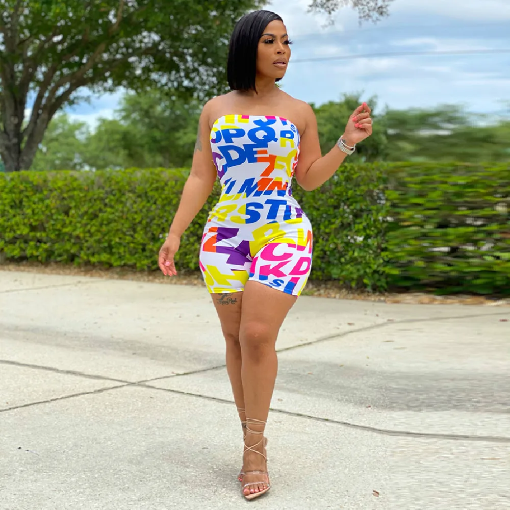 

Streetwear Multicolor Letter Print Skinny Rompers Women Off The Shoulder Strapless Bodycon Outfit Summer Backless Playsuits