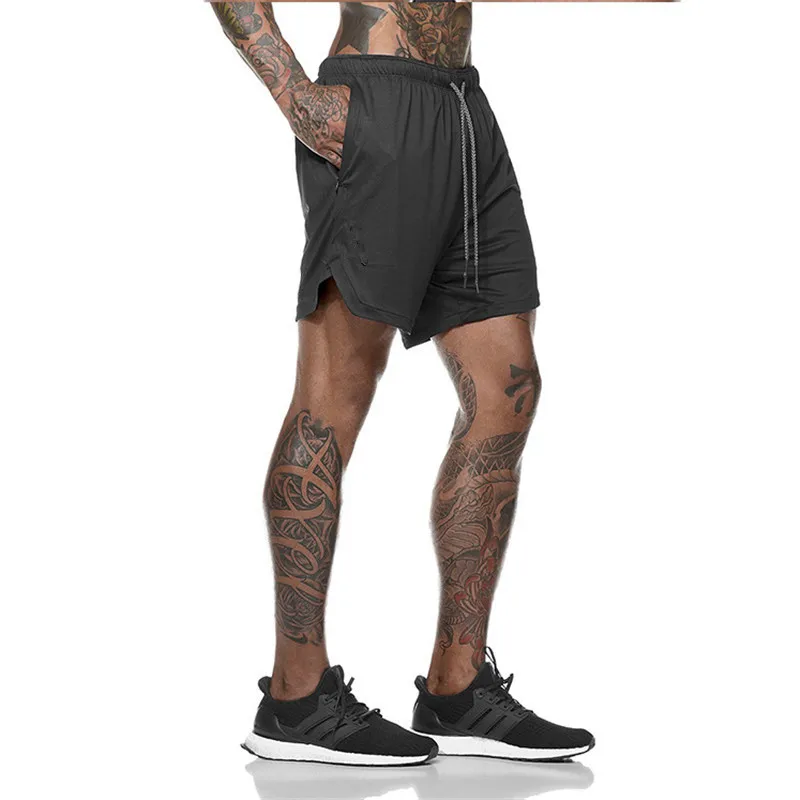 Быстросохнущая сетка для мужчин 2 в 1 поддельные две камуфляжные шорты бега со