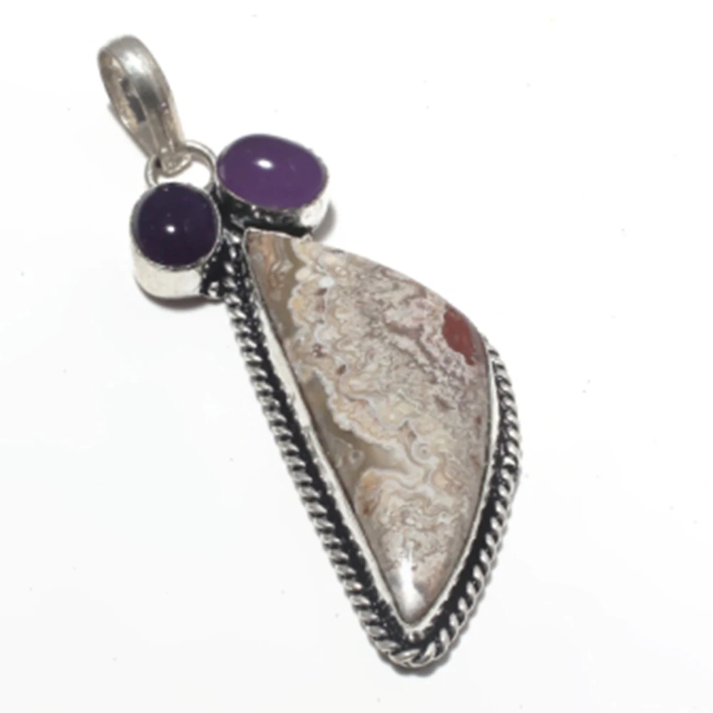 

Crazy Lace Agates + Amethysts Pendant Silvers Overlay over Copper , 78 mm, P7094