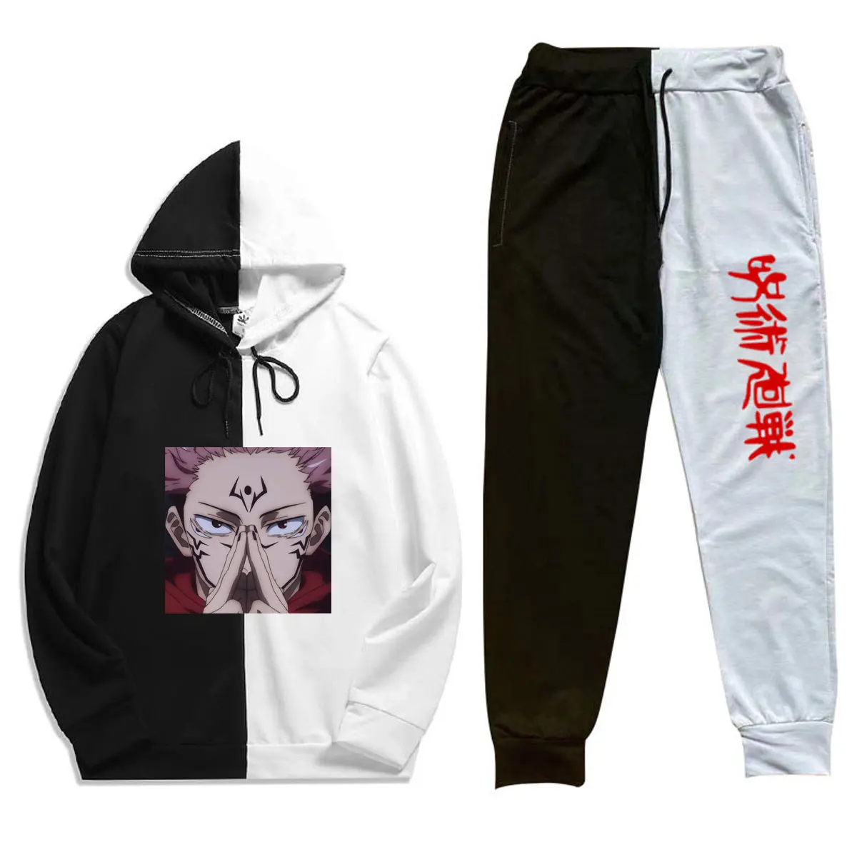 

2021 Jujutsu Kaisen fashion Couple style Streetwear 2 Pieces Sets Patchwork Hoodies Pants Thin Sweatshirt trousers sets