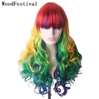 woodfestival synthetic wig with bangs colored cosplay wigs for women long hair rainbow pink red blue purple brown wavy ombre