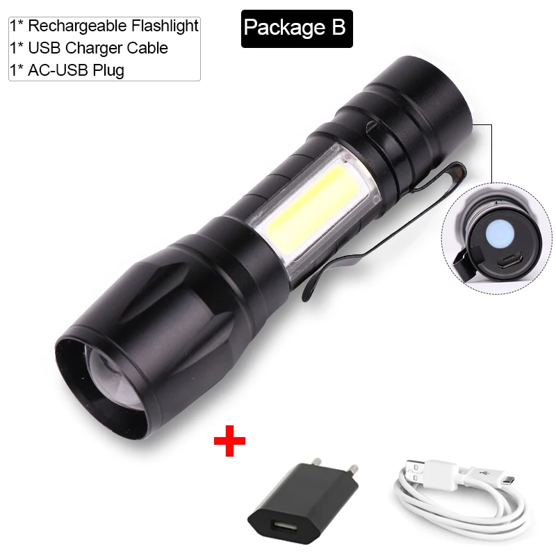 Package B Фонарик USB Перезаряжаемый фонарь масштабируемый фонарик мощный водонепроницаемый фонарь для кемпинга COB светодиодный фонарик - Испускаемый цвет: Package B