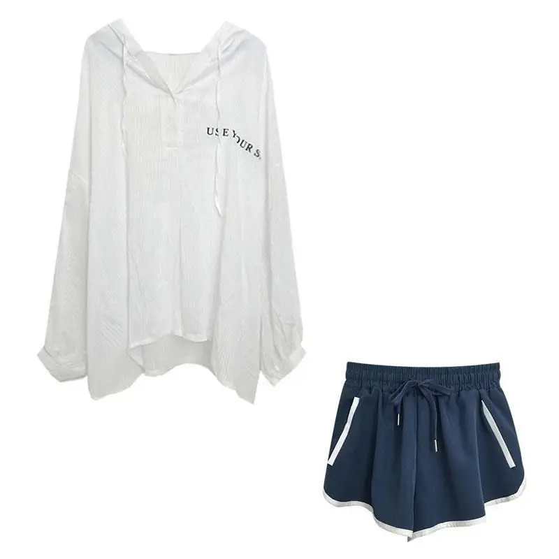 

Women Outfit Fashion Two Pieces Spring Loose Letter Printing White Hoodies Sunscreen Shirt Student Shorts Sports Leisure Suits