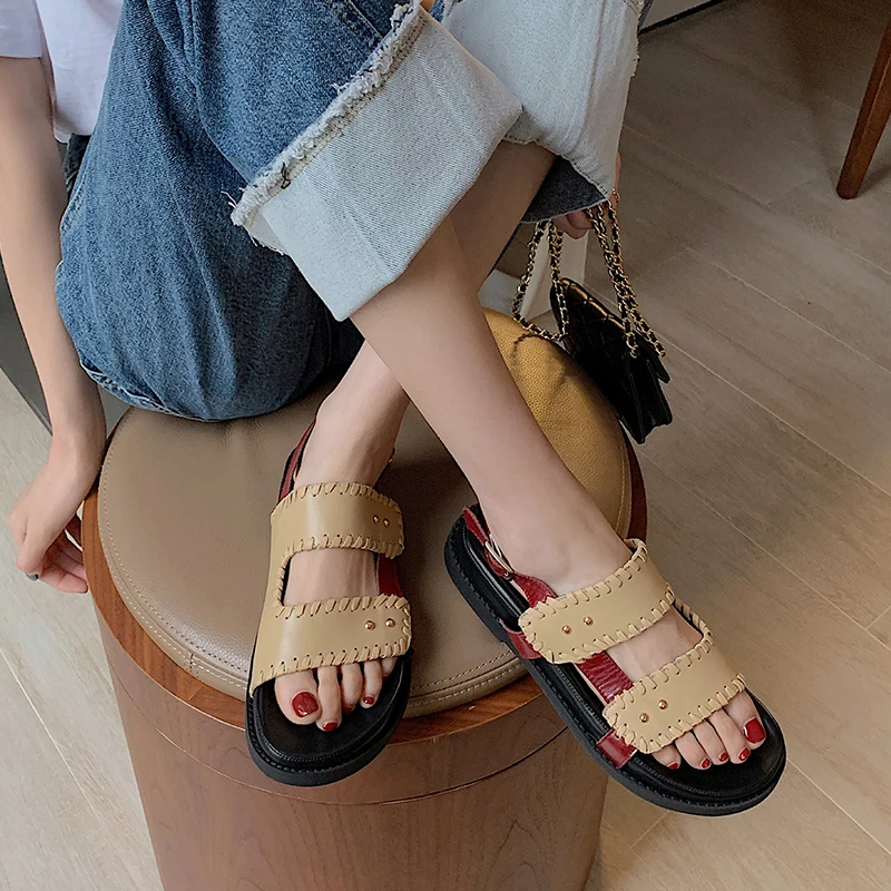 

QUTAA 2021 Women Mixed Color Genuine Leather Casual Sandals Open Toe Back Strap Buckle Wedge Heel Summer Female Shoes Size34-40