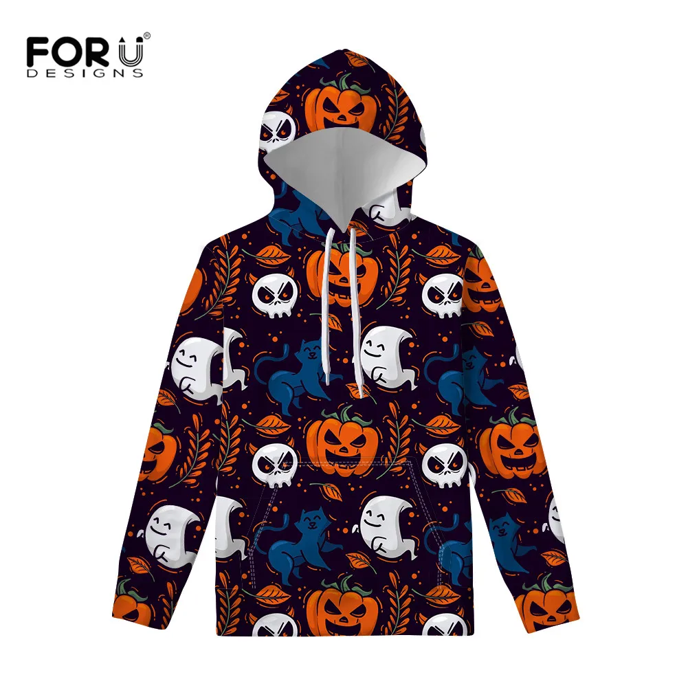 

FORUDESIGNS Cute Halloween Ghost Pumpkin Skull Pattern Women Sweatshirt with Hood Clothes Female Autumn Sweater Ladies Apparels