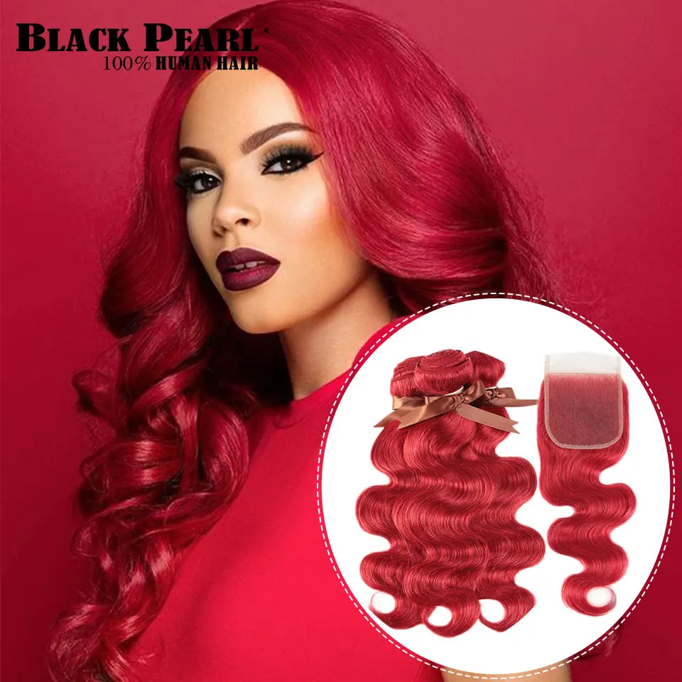 Black Pearl Red Bundles With Closure Malaysian Body Wave Remy Human Hair Weave Red Bundles With Closure