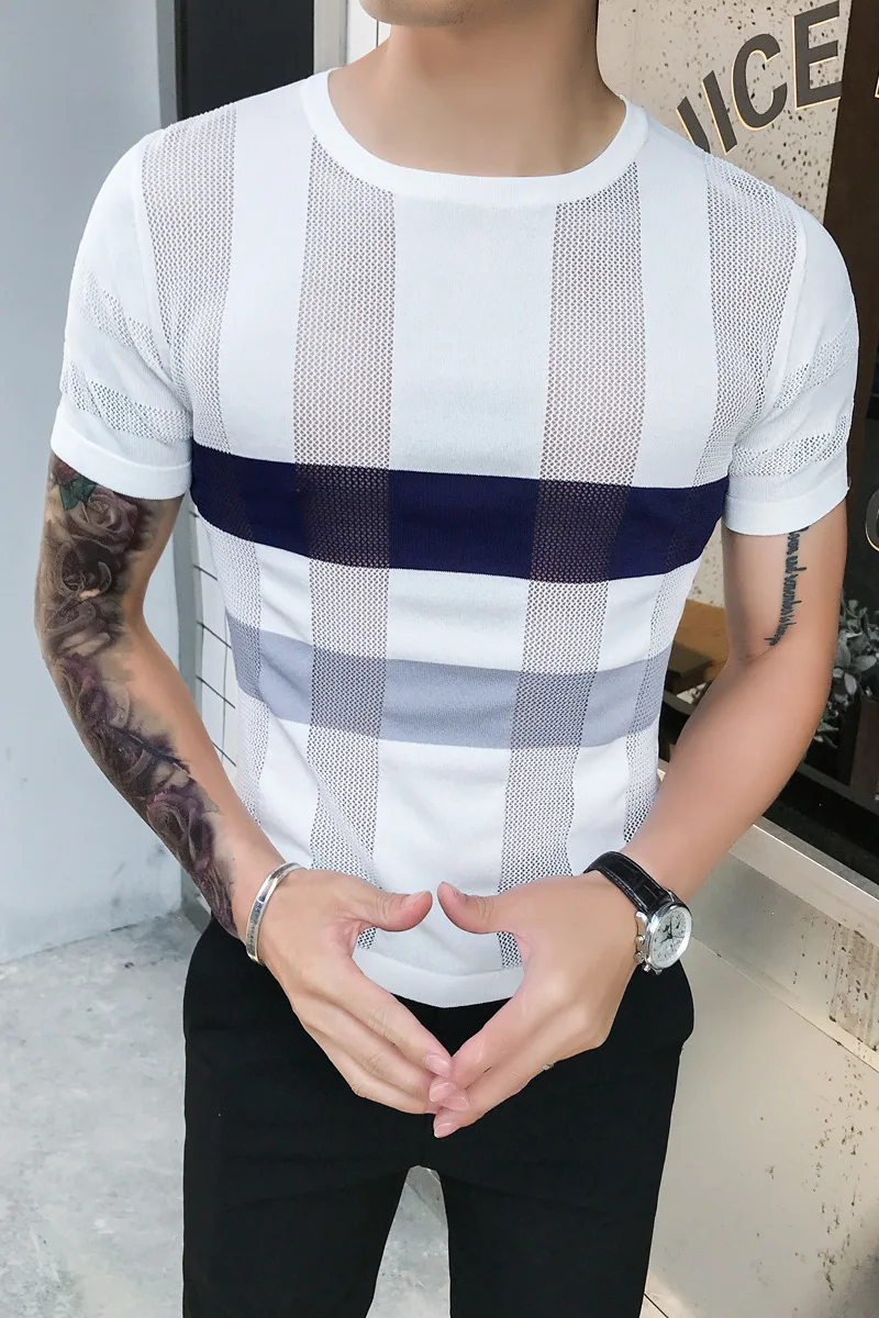 

T Shirt New men Nightclub Party Plaid Hollow Short Sleeve Knitting T-shirt Streetwear slim fit Casual Tshirt Camiseta Masculina