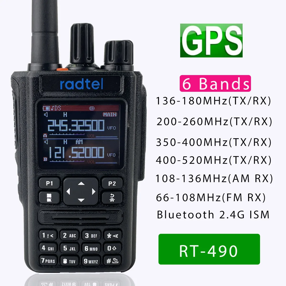 Enlarge Radtel RT-490 GPS 6 Bands Amateur Ham Two Way Radio 256CH Air Band Walkie Talkie VOX DTMF SOS LCD Color Police Scanner Aviation