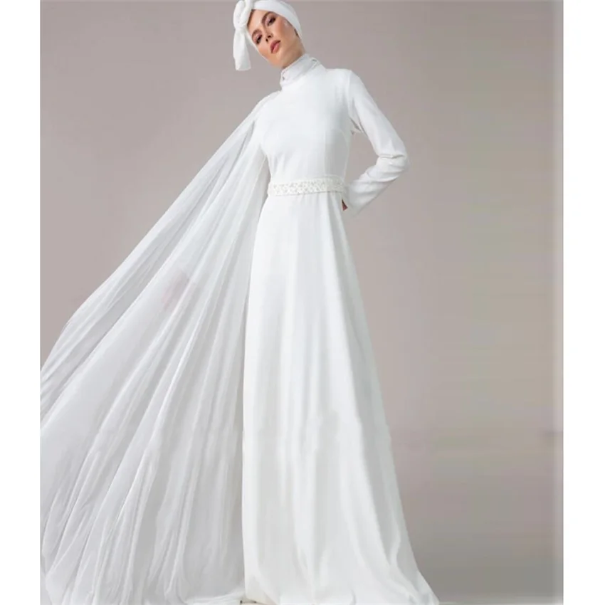 

Long Sleeves Muslim Wedding Dresses 2020 With Hijab Tulle Sweep Train Applique Chiffon Floor-Length A-line Arabic gelinlik