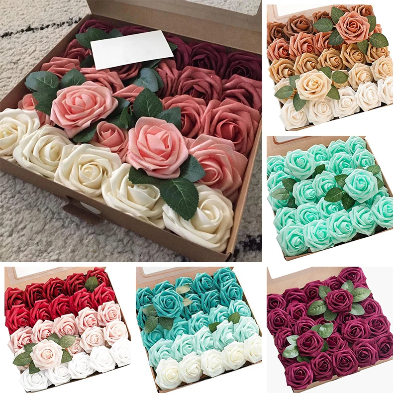 

Пенопластовые розы в коробке, 25 искусственных цветов с листьями на шесте, искусственные цветы на свадьбу, День Святого Валентина, головка ро...