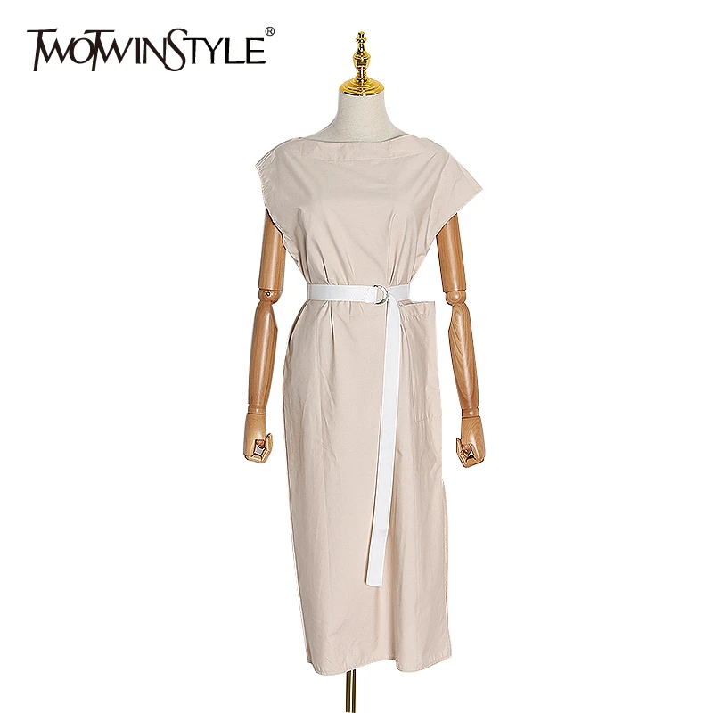 Платье с поясом TWOTWINSTYLE весеннее платье воротником-лодочкой без рукавов высокой