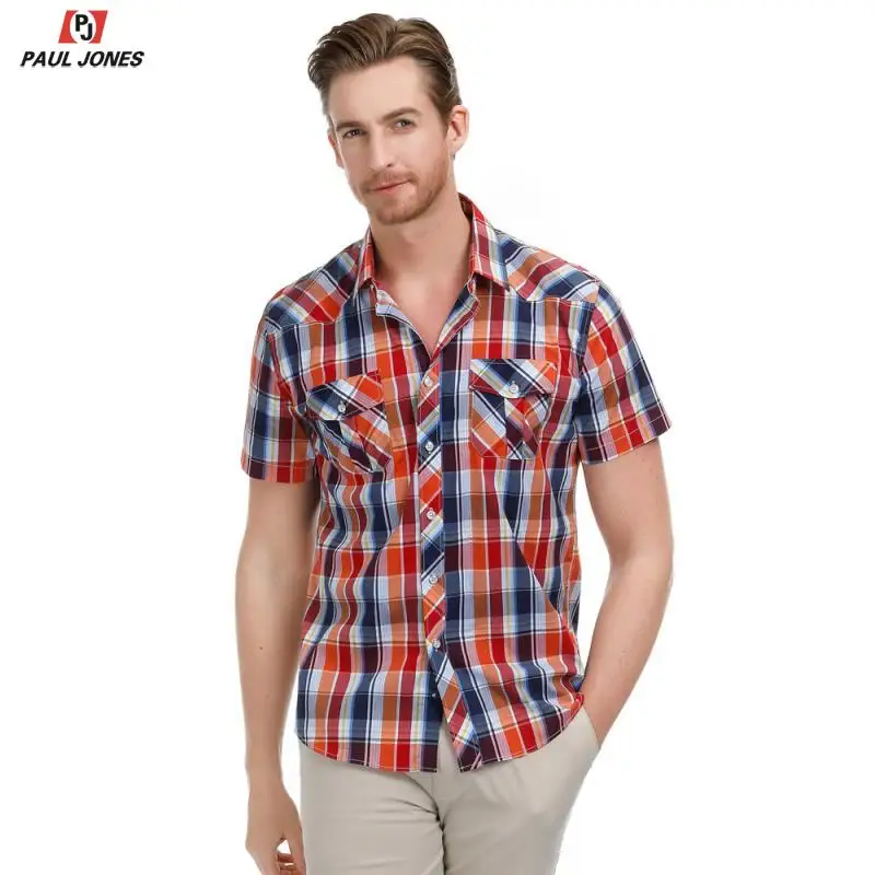 Мужская хлопковая рубашка с коротким рукавом PAUL JONES Повседневная в клетку