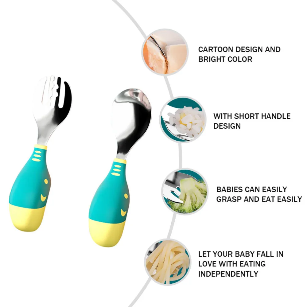

1 Set Baby Utensils Short Handle Spoon Fork Set Infant Training Tableware