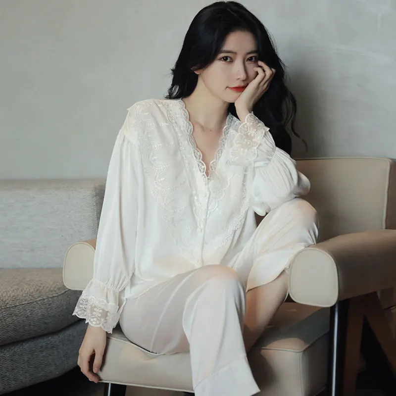 

Satin Femme 2PCS Pj's Sets Lace Pajamas Nightwear Button-Down Pyjamas V-Neck Shirt&Pants Suit Casual Home Clothes Lounge Wear
