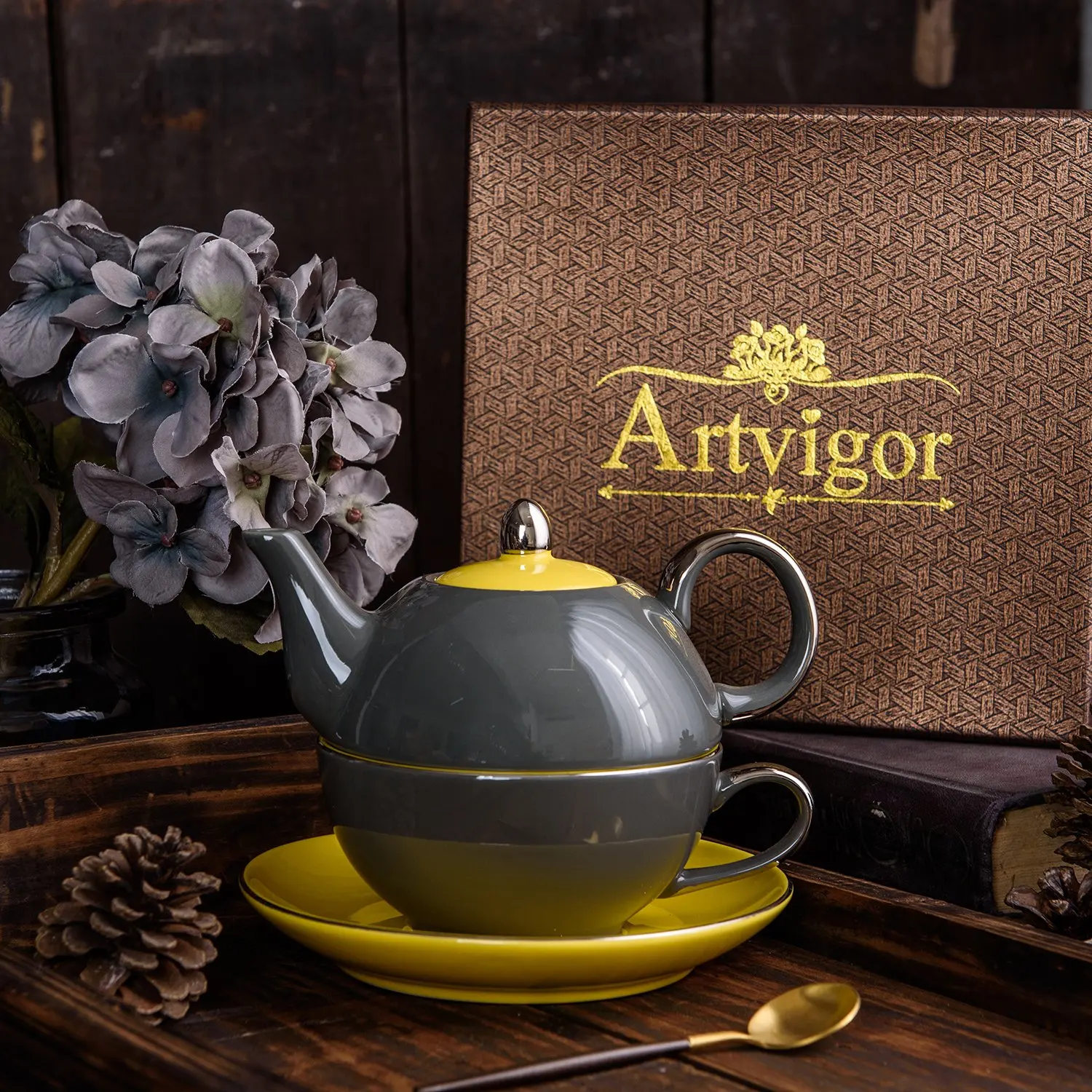 Artvigor Ceramic Porcelain Travel Tea Set for One with Teapot and Cup Saucer Stackable Single Serve 3-Piece Teaware | Дом и сад