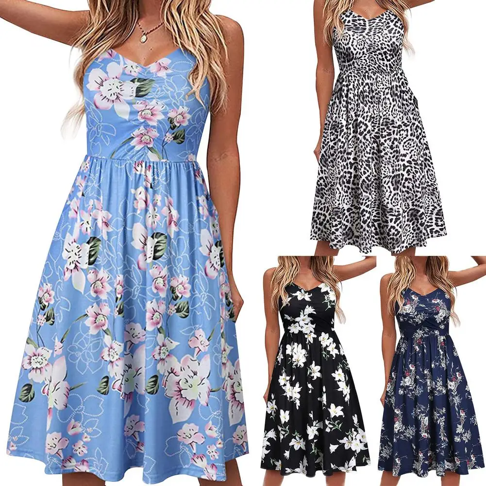 

Женское мини-платье на бретельках, летнее платье с цветочным принтом, поясом на резинке и глубоким V-образным вырезом, без рукавов, 2021