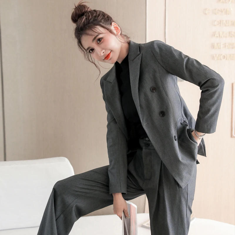 

Women Spring Fashion 2 Piece Set Casaul Blazer Set Double-breasted Slim Jacket Wide Leg Pant Suit Office Ladies Work Female Suit