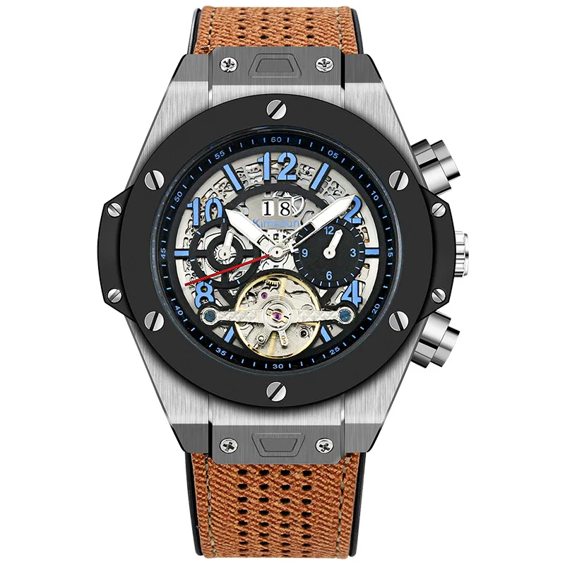 Leather 2 KIMSDUN настоящие турбийон автоматические механические часы мужские кожаные водонепроницаемые светящиеся бизнес модные спортивные мужские часы - Цвет: Leather 2