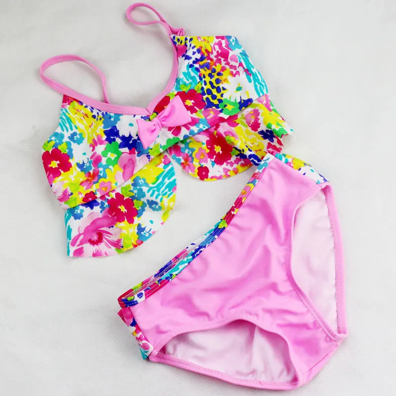 

4-12 YGirls Two Pieces Swimwear Children Bikini Set with Flowers Pattern Child Swimsuit Kids Sandy Beach Suit Baby Pink Tankini