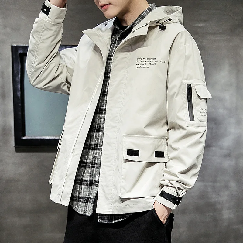 

Men's Hooded Jacket Spring And Autumn Workwear Coat Solid Color Casual Zipper Student Baseball Uniform Loose Fashion Men Jacket