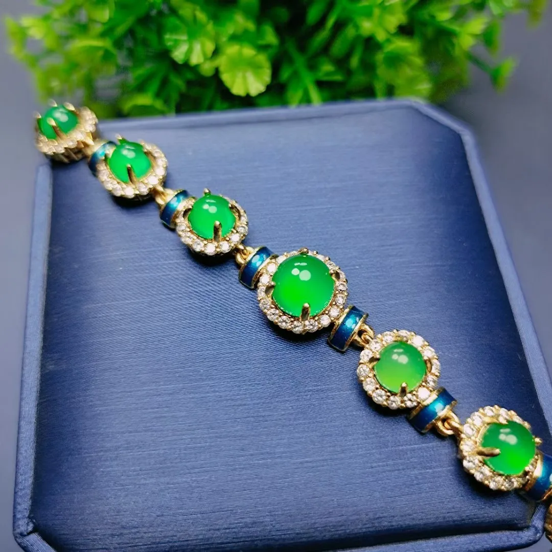 

Браслет женский из натурального зеленого нефрита, серебра, халцедона