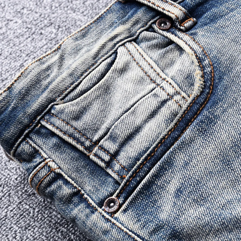 Italian Style Fashion Men Jeans Distressed Wash Elastic Cotton Slim Fit Scratch Vintage Designer Jeans Men Retro Denim Pants