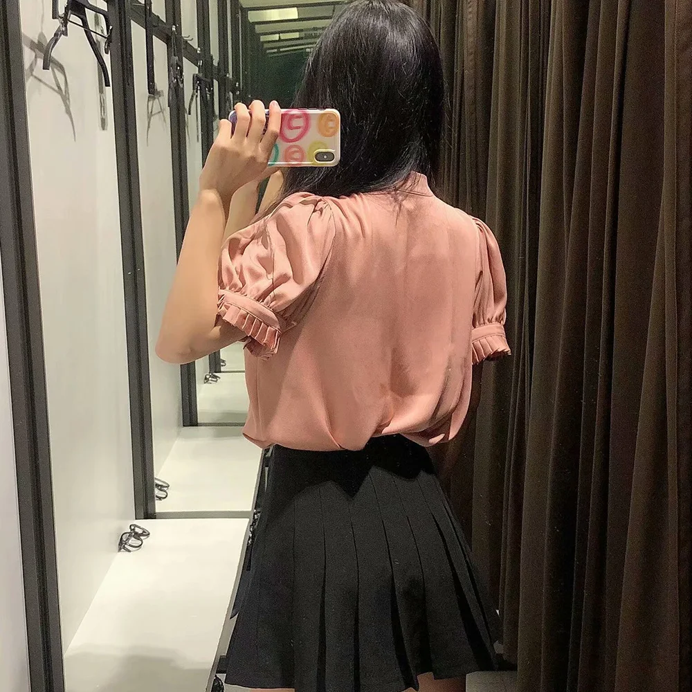 

2020 New Summer Women shirt champagne solid pleated bow O-Neck short sleeve shirts fashion casual Ladies Tops
