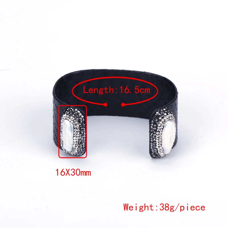 

Real Leather Natural Freshwater Pearl Bead Pave Rhinestone Charm Big Wide Unisex Open Bangle Cuff For Women Luxury Wedding Gift