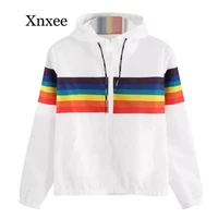 gym coat womens sweatshirt hoodies sports long sleeve rainbow patchwork o neck sweatshirt hooded overcoat blouse white student
