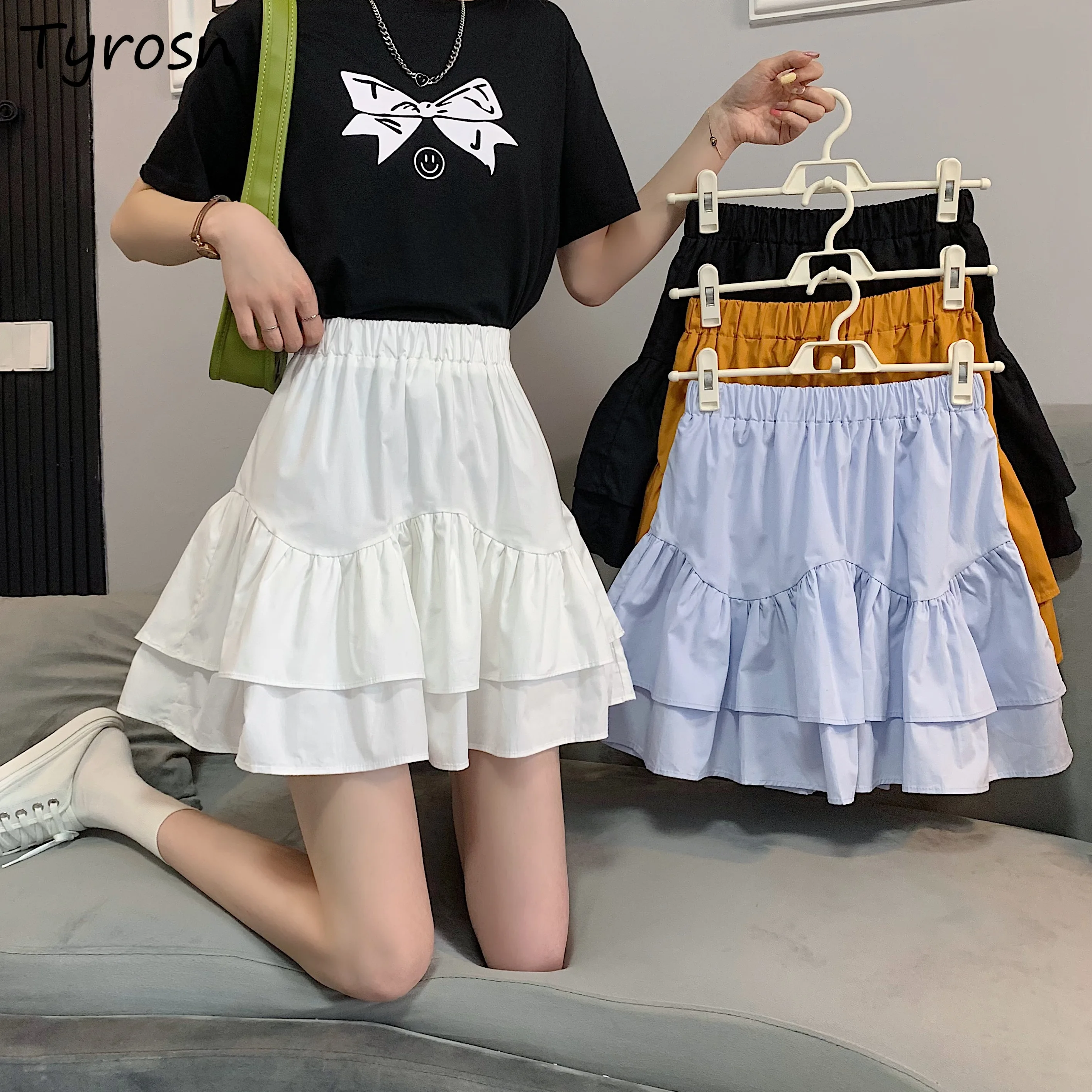 

Skirts Women Solid Above Knee Ruffles Sweet Elegant Temperament Fairy Ulzzang Teens Empire Waist Designed A-line Folds Kawaii
