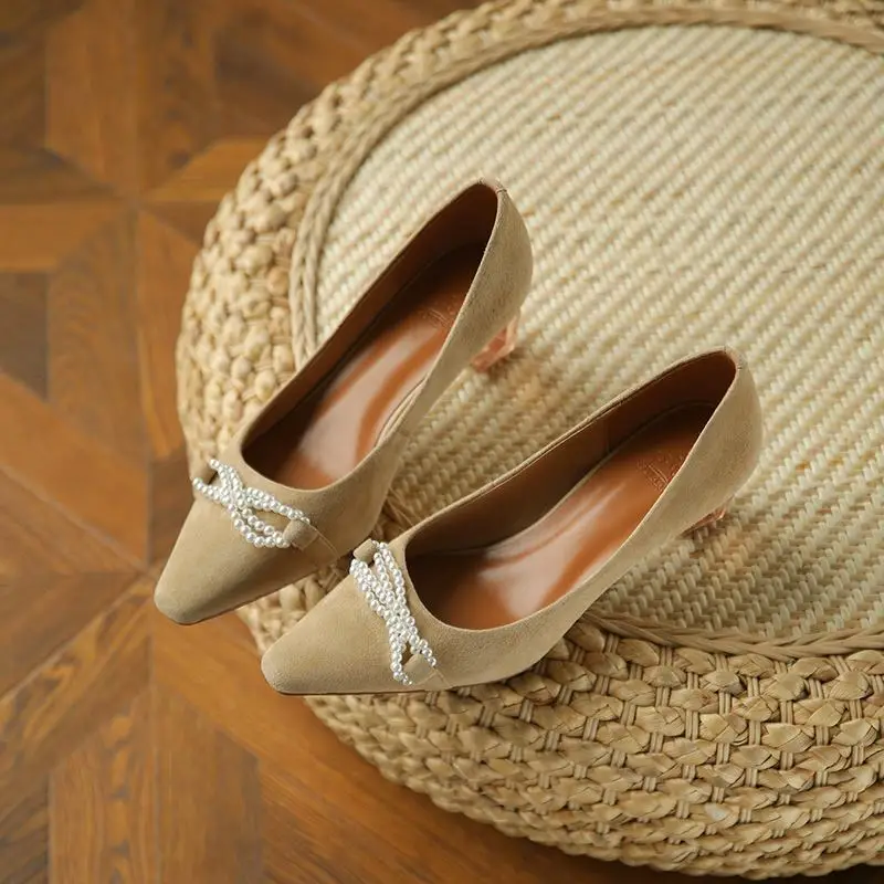 

ALLBITEFO Transparent heel string bead soft genuine leather women heels party wedding shoes fashion high heel shoes high heels