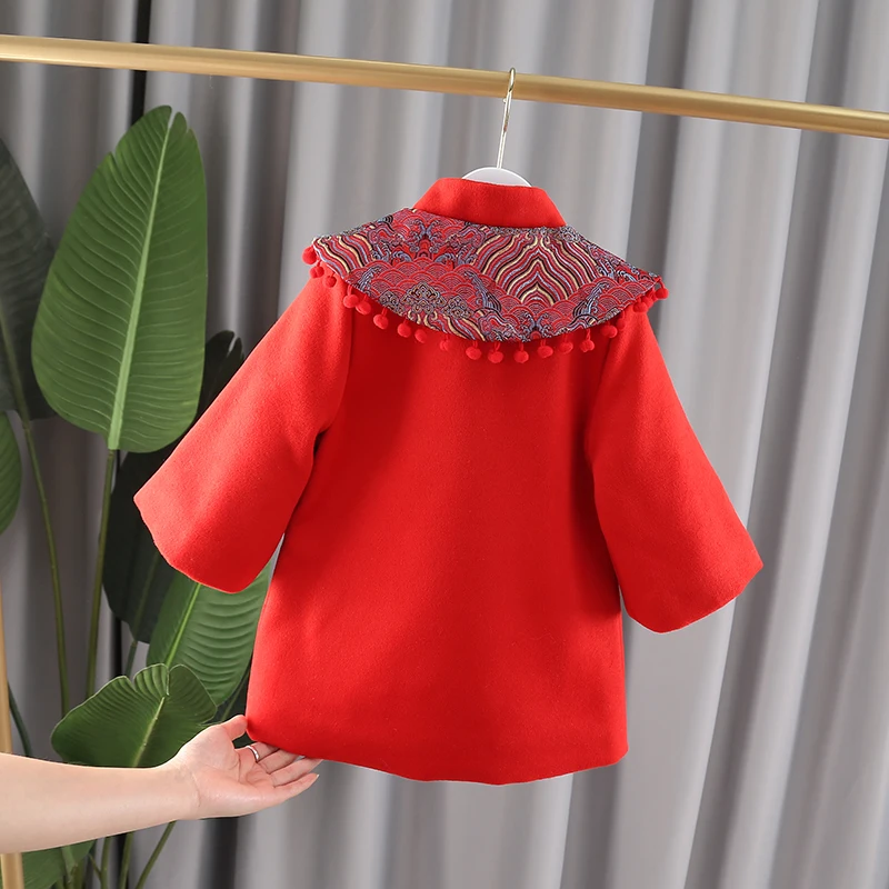 Стеганое платье Hanfu для девочек зимнее теплое детское шерстяное красное