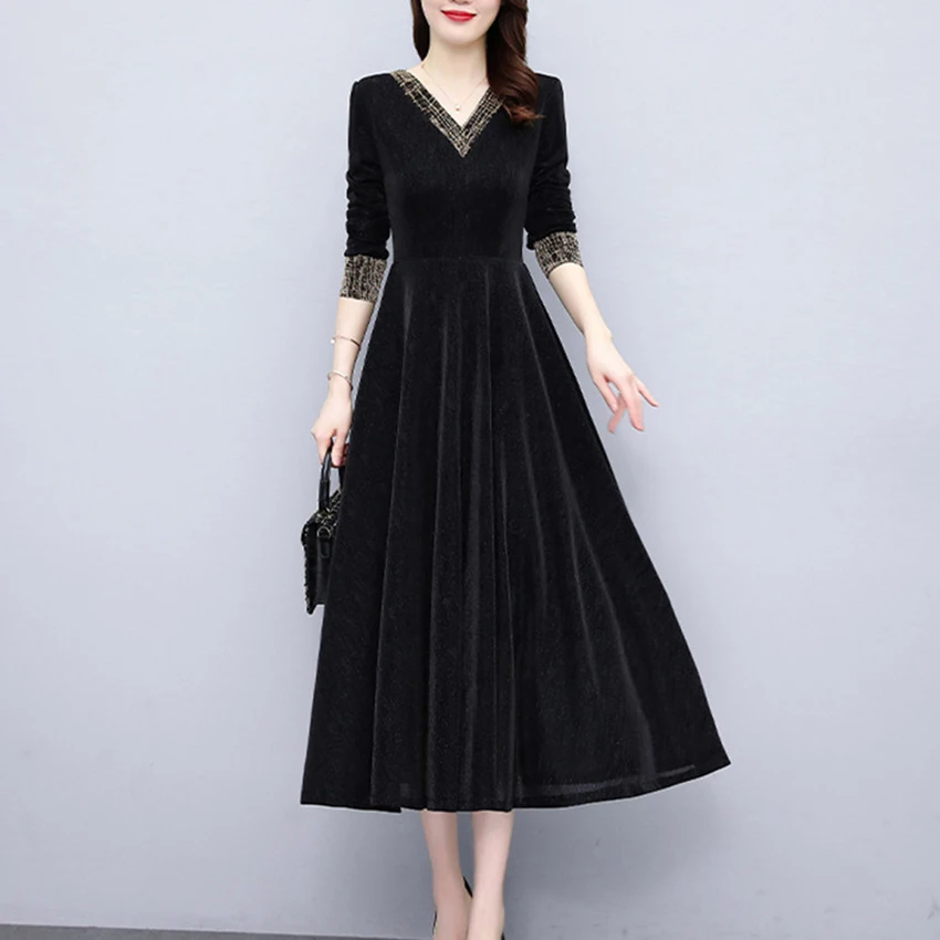 

Women Long Sleeve Casual Black Dress Autumn Winter Elegant Dress Korean Style Fashion Vintage Dresses For Mom Middle Age