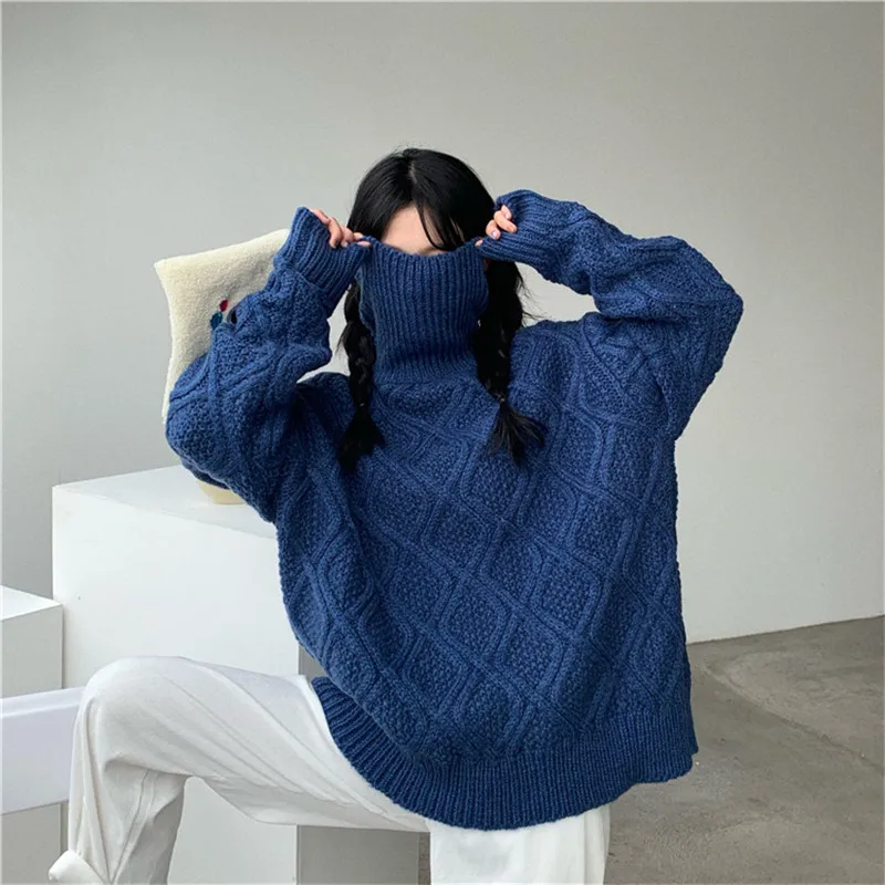 Shop1314 винтажный свитер с воротником-хомутом и ромбовидным узором, Женский Повседневный свободный Зимний пуловер с длинным рукавом, женский толстый джемпер, топы