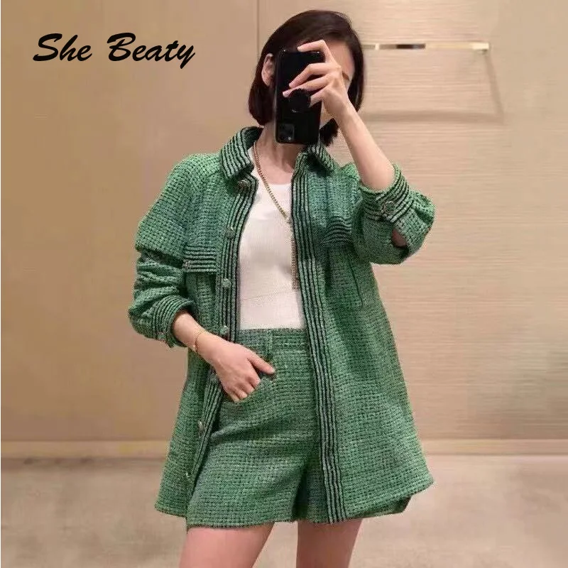 

Runway 2021 Two Pieces Tweed Shorts Pant Sets Women High Quality Single Breasted Autumn Winter Elegant Green Suit Jacket Outfits