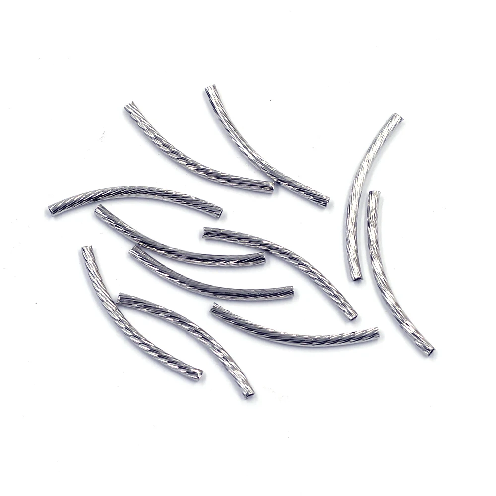 

50Pcs Spacer Beads Tube Carved Curved Stripe Copper Silver Tone DIY Necklace Jewelry Making Findings 2x30mm