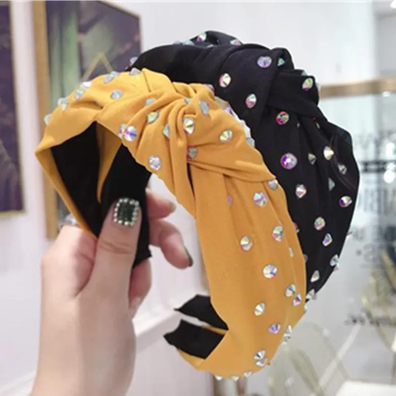 

Colorful Crystals Headbands Women Solid Fabric Crystal Hairband for Adults Hair Accessories Bow Knotted Headband Wide Head Band