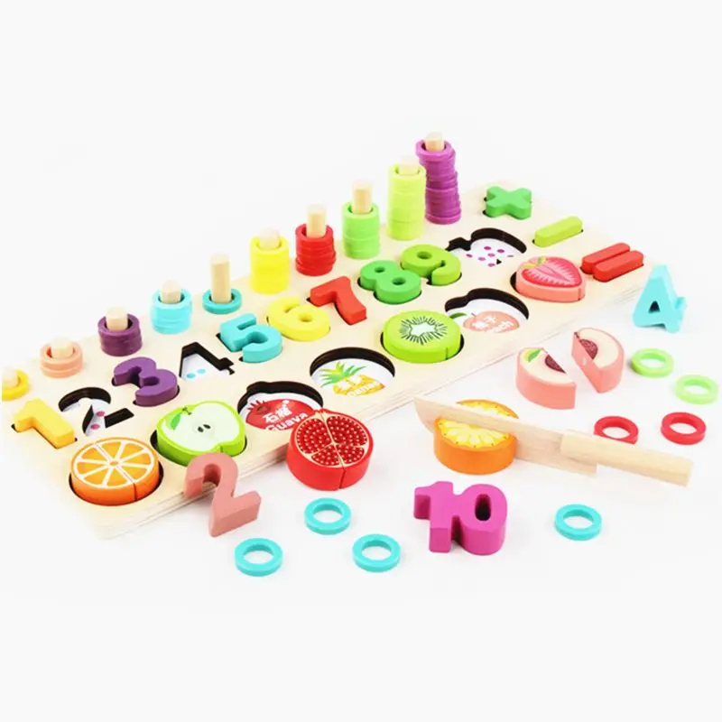

Montessori Fruit Number Math Sorting Puzzles Blocks Counting Shape Stacker Wooden Preschool Learning Toys for Toddlers Ntelligen