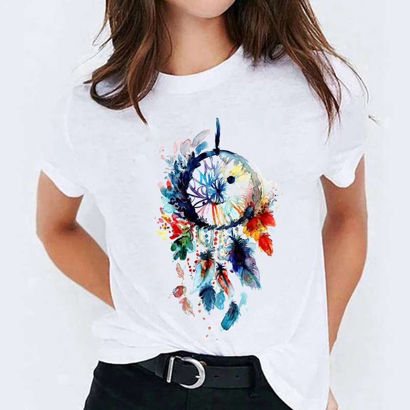 

T Shirt for Women Printing Feather Flower Dream Web 90s Print Lady T-shirts Top Womens Stylish Ladies Sweet Tee T-Shirt
