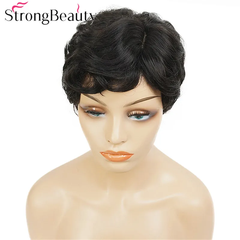 StrongBeauty короткий кудрявый женский парик натуральный черный Пикси СТРИЖКА Полный