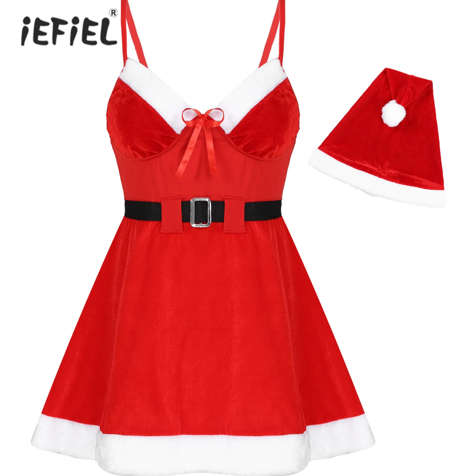 

Женский Рождественский костюм, бархатное платье с отделкой из искусственного меха, регулируемые мини-платья на бретелях с шапкой, нарядное ...