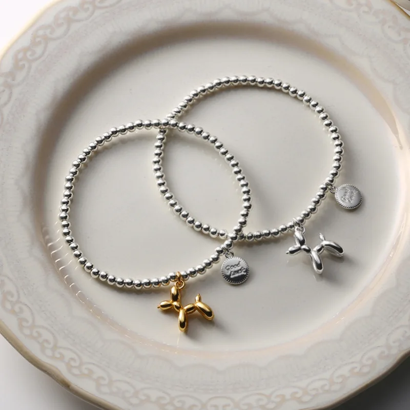 Silvology Real 925 Sterling Silver Balloon Dog Bracelets for Women Bead Chain Elastic Rope Cute Dog Bracelets Birthday Jewelry