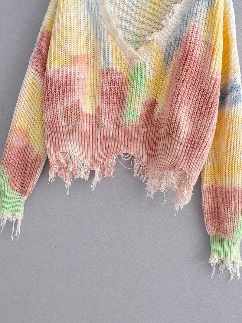 2020 autumn winter new fashion loose V-neck hip-hop tassel rainbow tie-dye pullover knitted sweaters women tops coat | Женская одежда
